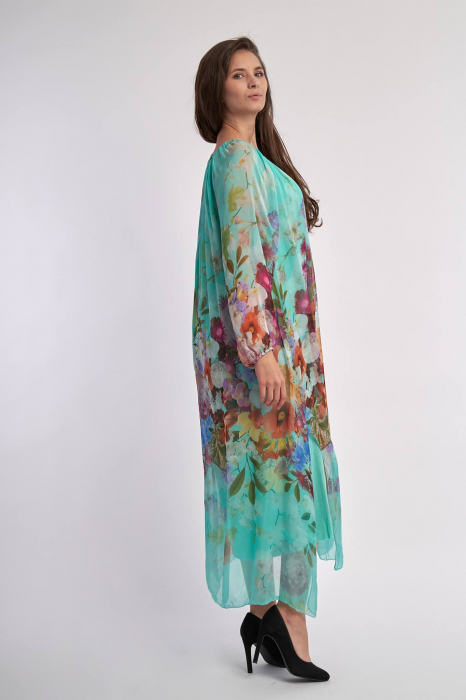 Rochie lunga, pe fond turcoaz din matase cu flori multicolore [2]