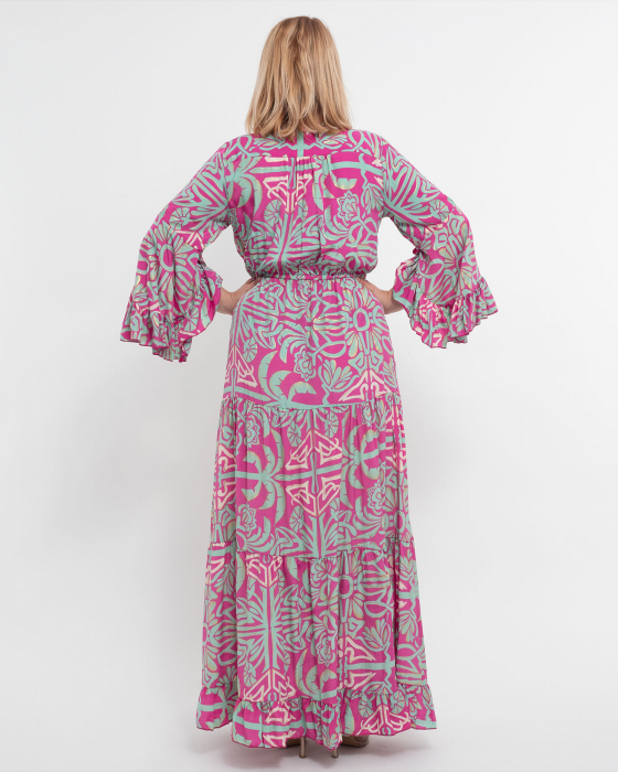 Rochie lungă roz din mătase indiană cu imprimeu floral [2]