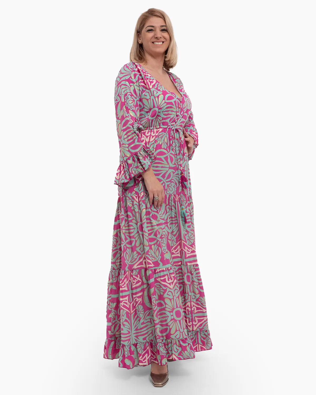 Rochie lungă roz din mătase indiană cu imprimeu floral [4]