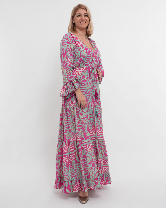 Rochie lungă roz din mătase indiană cu imprimeu floral [4]
