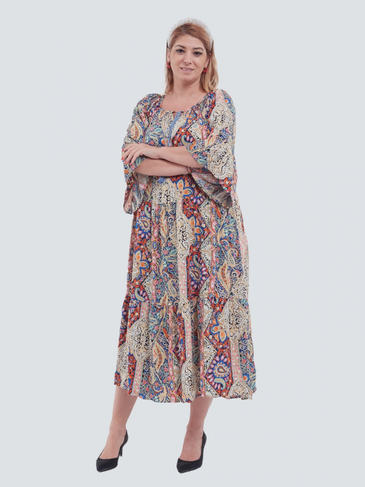 Rochie lungă roz stil boho cu decolteu pătrat, volane și imprimeu mandala [2]