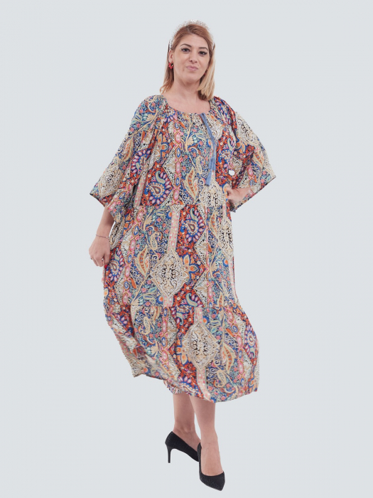 Rochie lungă roz stil boho cu decolteu pătrat, volane și imprimeu mandala [4]