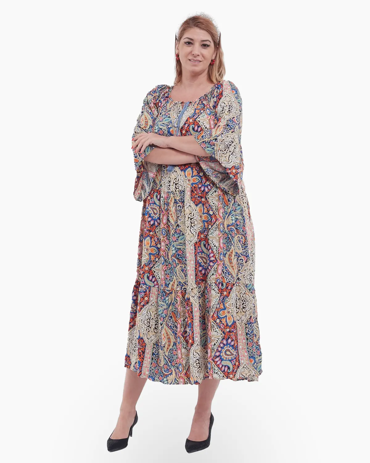 Rochie lungă roz stil boho cu decolteu pătrat, volane și imprimeu mandala [2]