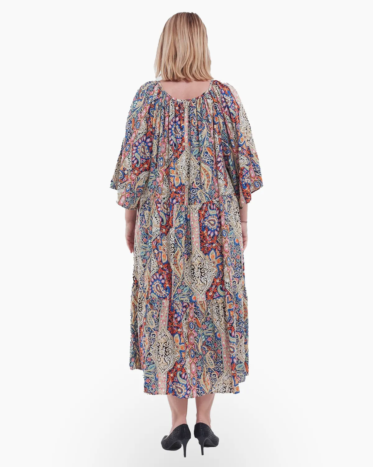 Rochie lungă roz stil boho cu decolteu pătrat, volane și imprimeu mandala [3]