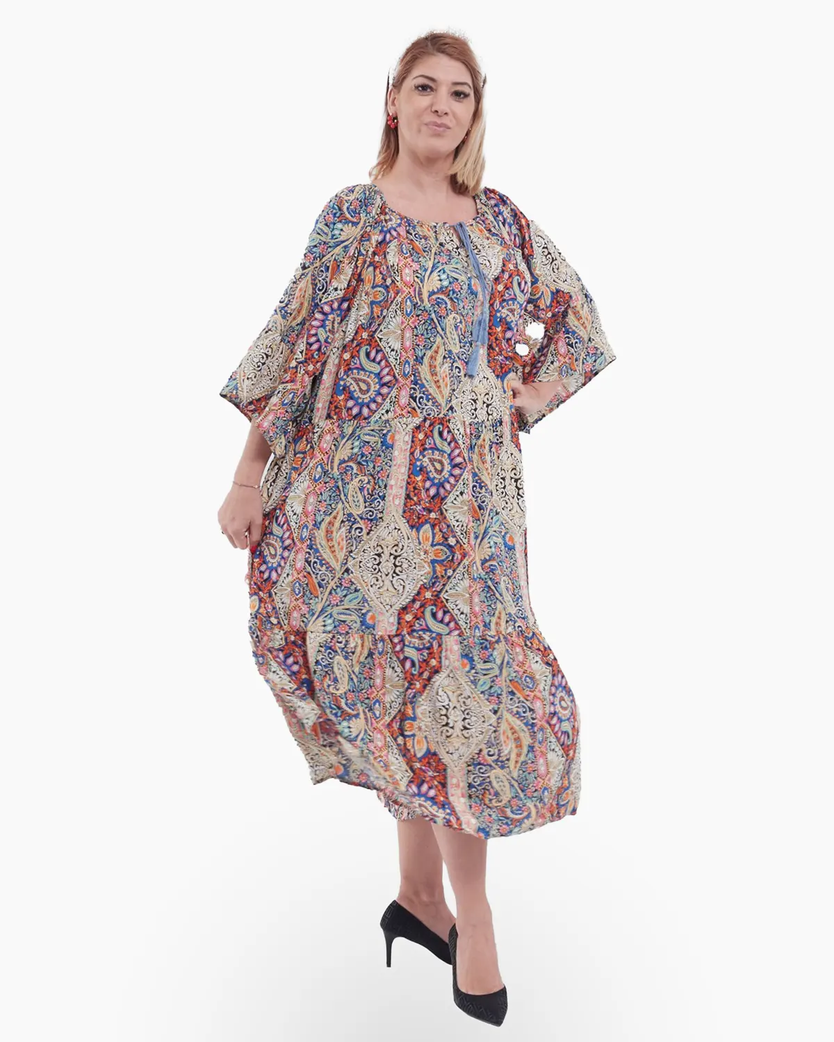 Rochie lungă roz stil boho cu decolteu pătrat, volane și imprimeu mandala [4]