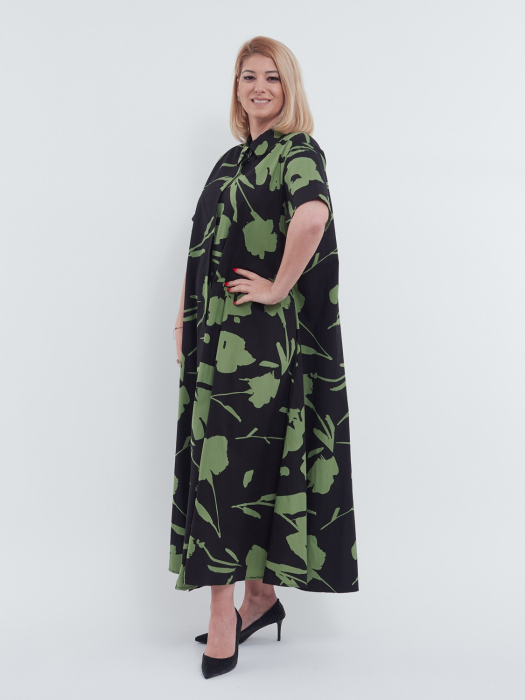 Rochie lunga stil camasa din bumbac premium cu imprimeu floral delicat, croiala A-line lejera, ideala pentru un look casual elegant, verde olive [3]