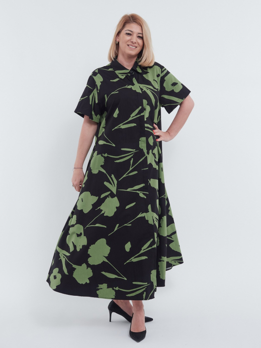 Rochie lunga stil camasa din bumbac premium cu imprimeu floral delicat, croiala A-line lejera, ideala pentru un look casual elegant, verde olive [4]