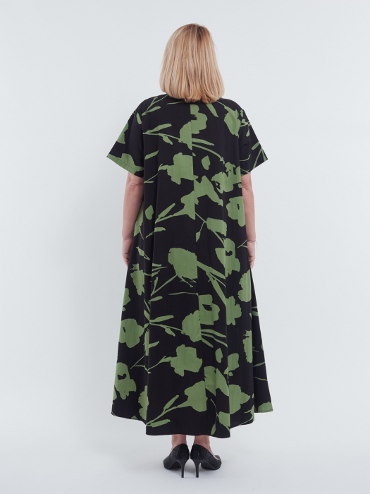 Rochie lunga stil camasa din bumbac premium cu imprimeu floral delicat, croiala A-line lejera, ideala pentru un look casual elegant, verde olive [2]