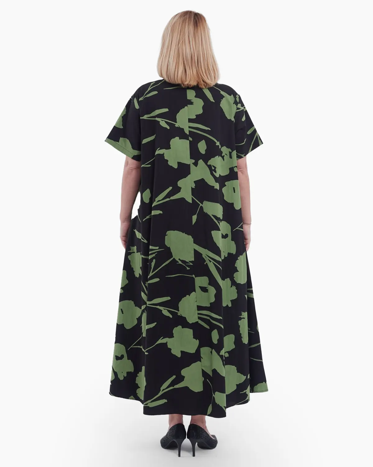 Rochie lunga stil camasa din bumbac premium cu imprimeu floral delicat, croiala A-line lejera, ideala pentru un look casual elegant, verde olive [2]