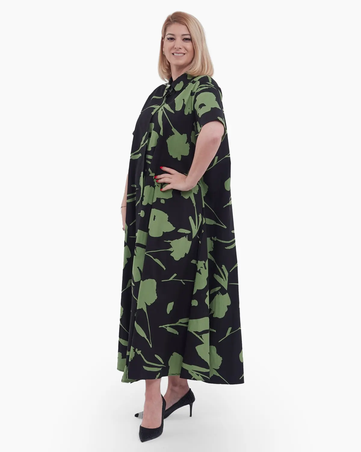 Rochie lunga stil camasa din bumbac premium cu imprimeu floral delicat, croiala A-line lejera, ideala pentru un look casual elegant, verde olive [3]