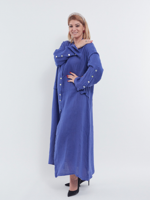 Rochie lunga tip camasa din in cu nasturi, indigo breeze [2]