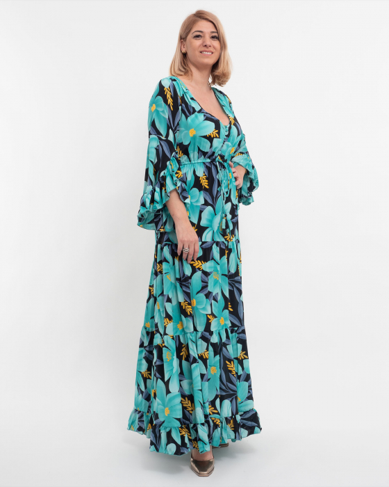 Rochie lungă turcoaz din mătase indiană cu imprimeu floral [3]
