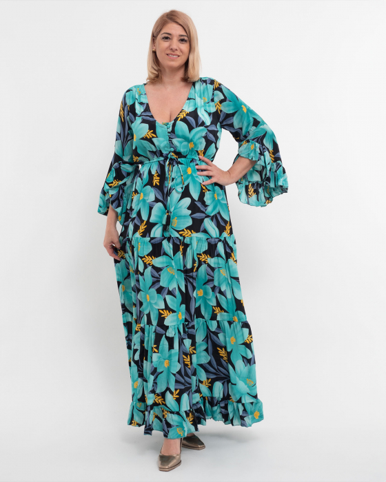 Rochie lungă turcoaz din mătase indiană cu imprimeu floral [1]