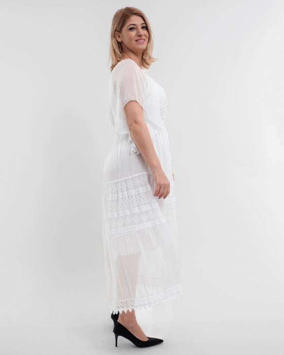 Rochie matase alba, cu broderie fina si snur in talie [3]