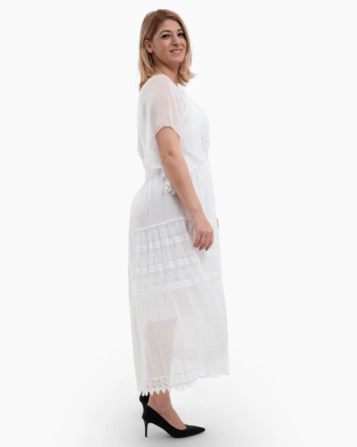 Rochie matase alba, cu broderie fina si snur in talie [3]