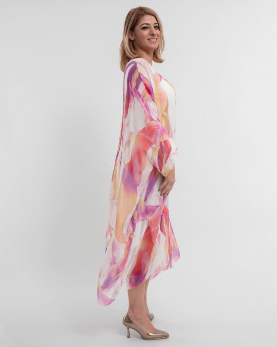 Rochie matase alba, tip caftan, cu imprimeu abstract violet-ciclam [3]