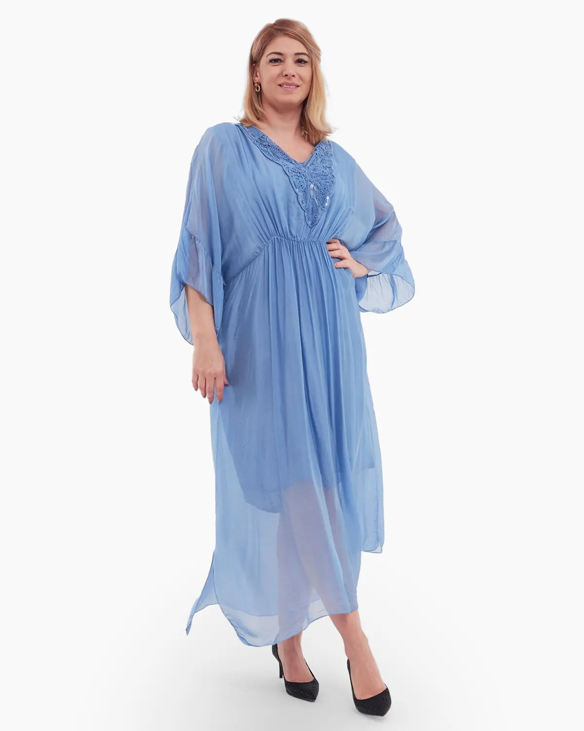 Rochie matase, albastra, accesorizata cu detalii brodate si paiete [1]