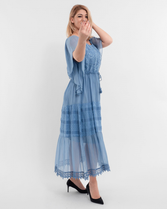 Rochie matase albastru deschis, cu broderie fina si snur in talie [3]