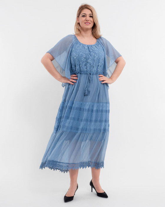 Rochie matase albastru deschis, cu broderie fina si snur in talie [1]