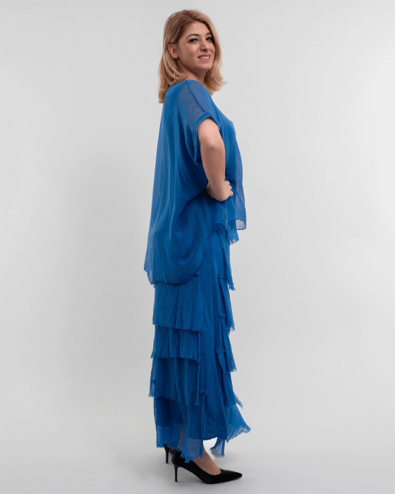 Rochie matase albastru intens cu volane si un overlay elegant [3]