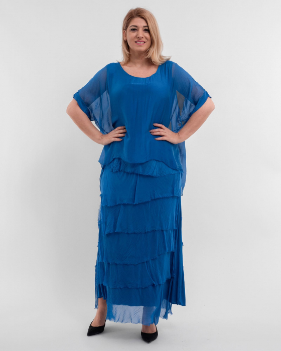 Rochie matase albastru intens cu volane si un overlay elegant [1]