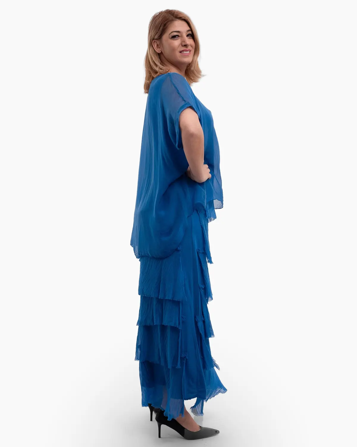 Rochie matase albastru intens cu volane si un overlay elegant [3]