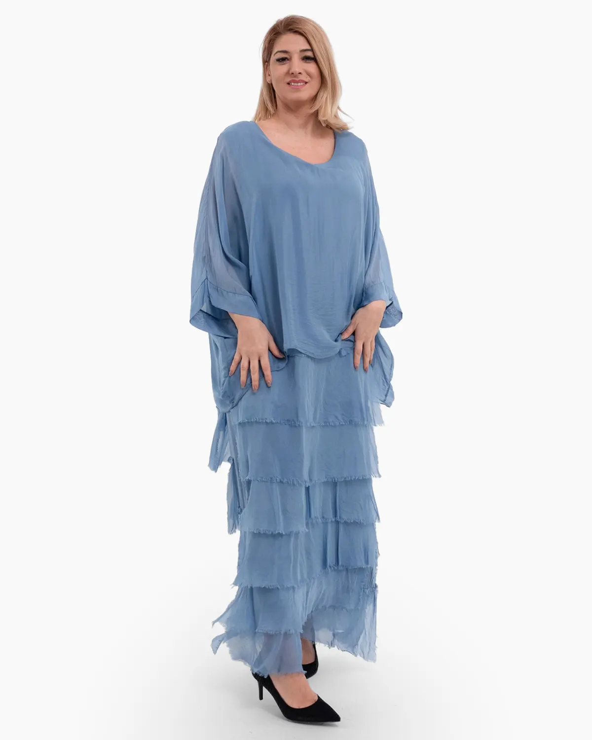 Rochie matase albastru pastel cu volane si un overlay elegant [1]