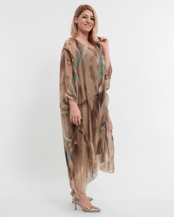 Rochie matase bej, tip caftan, cu imprimeu abstract verde [3]