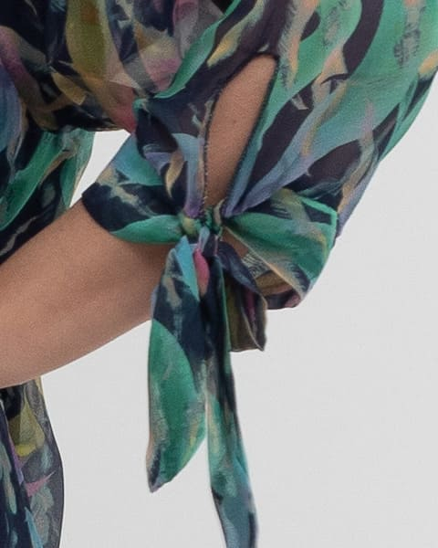 Rochie matase bleumarin, cu imprimeu abstract verde-galben-ciclam [2]