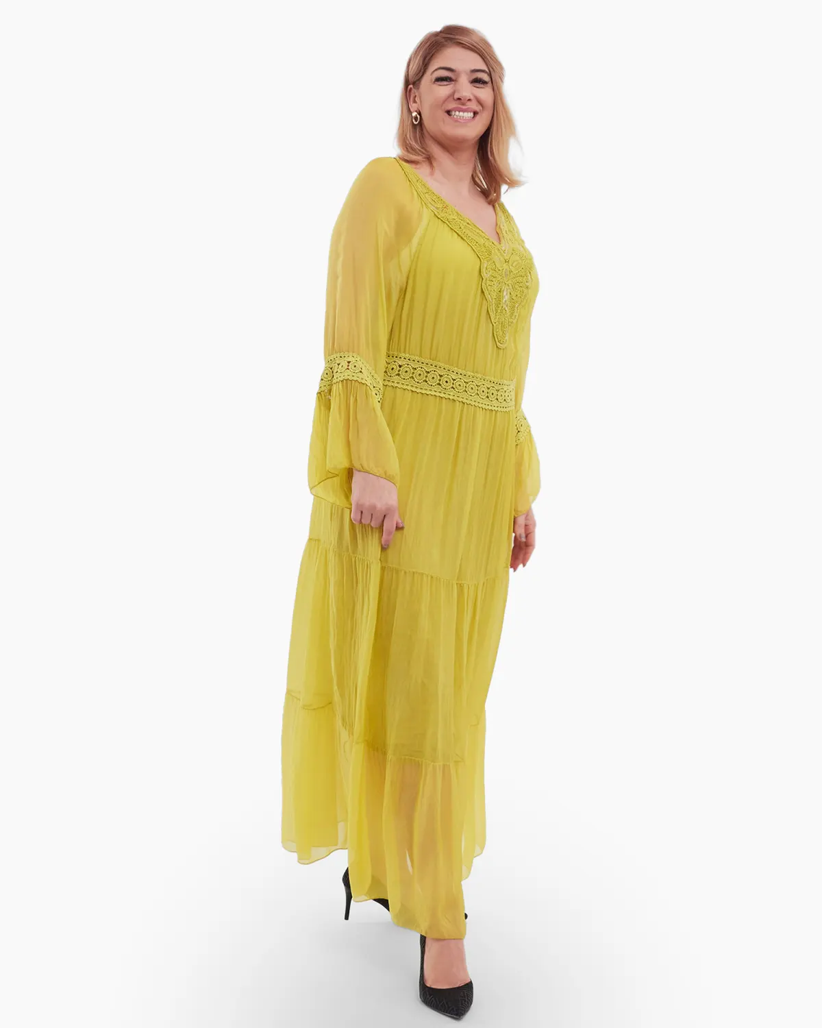 Rochie matase, galben mustar, accesorizata cu detalii brodate si paiete [2]