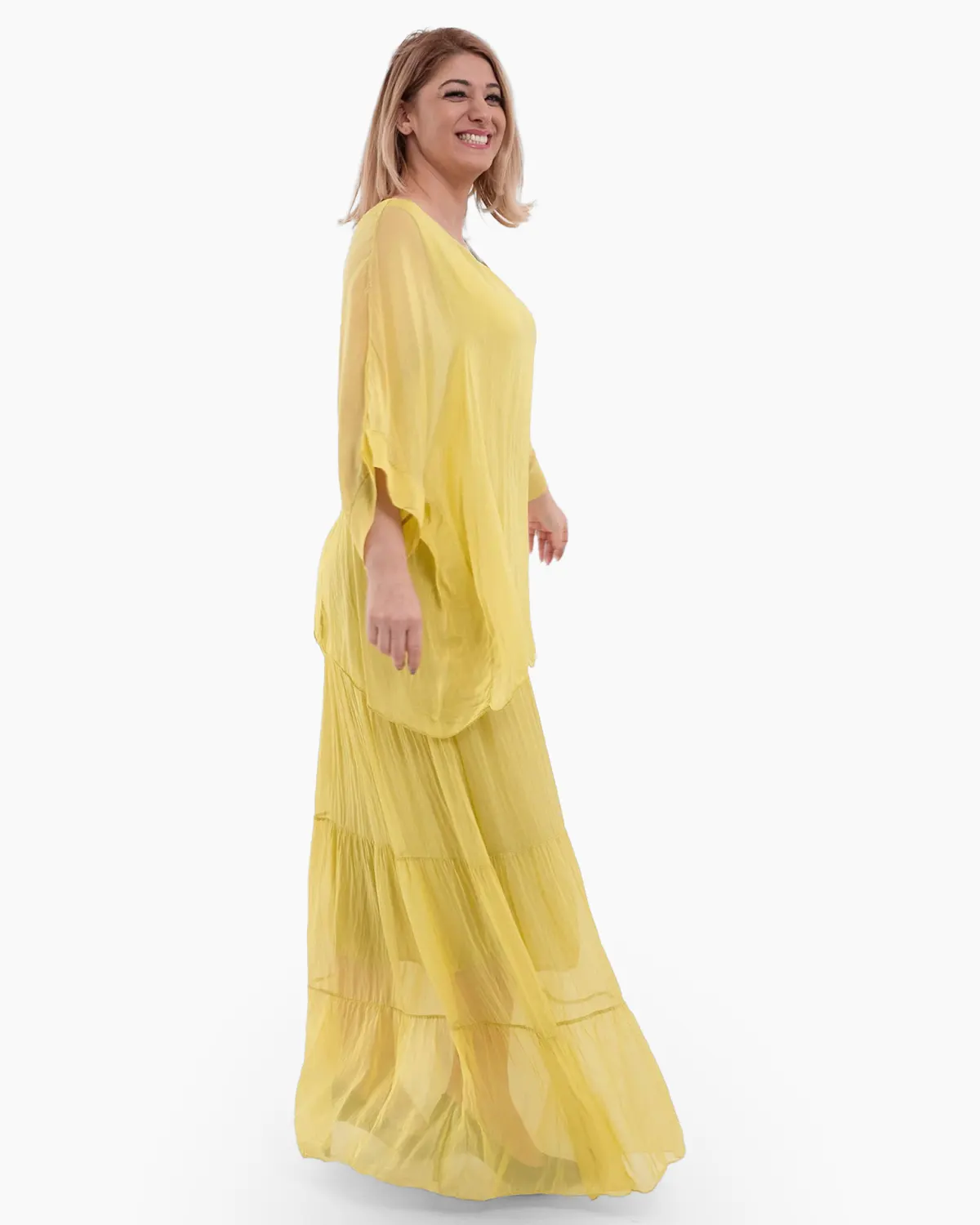 Rochie matase galbena cu un overlay elegant [3]