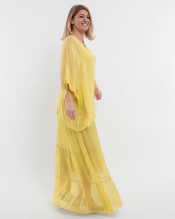 Rochie matase galbena cu un overlay elegant [3]