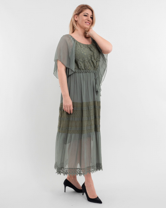 Rochie matase kaki, cu broderie fina si snur in talie [3]