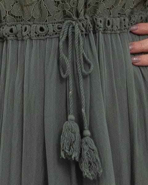 Rochie matase kaki, cu broderie fina si snur in talie [2]