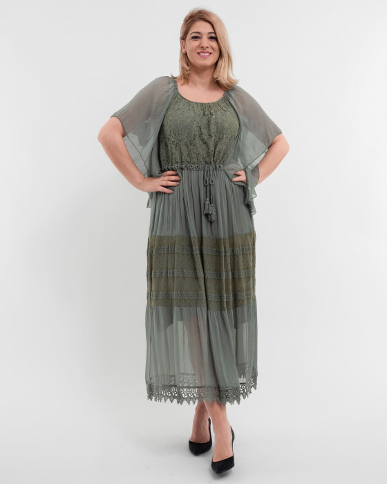 Rochie matase kaki, cu broderie fina si snur in talie [1]