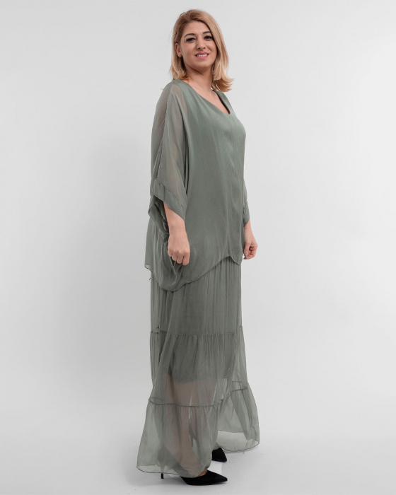 Rochie matase kaki cu un overlay elegant [4]