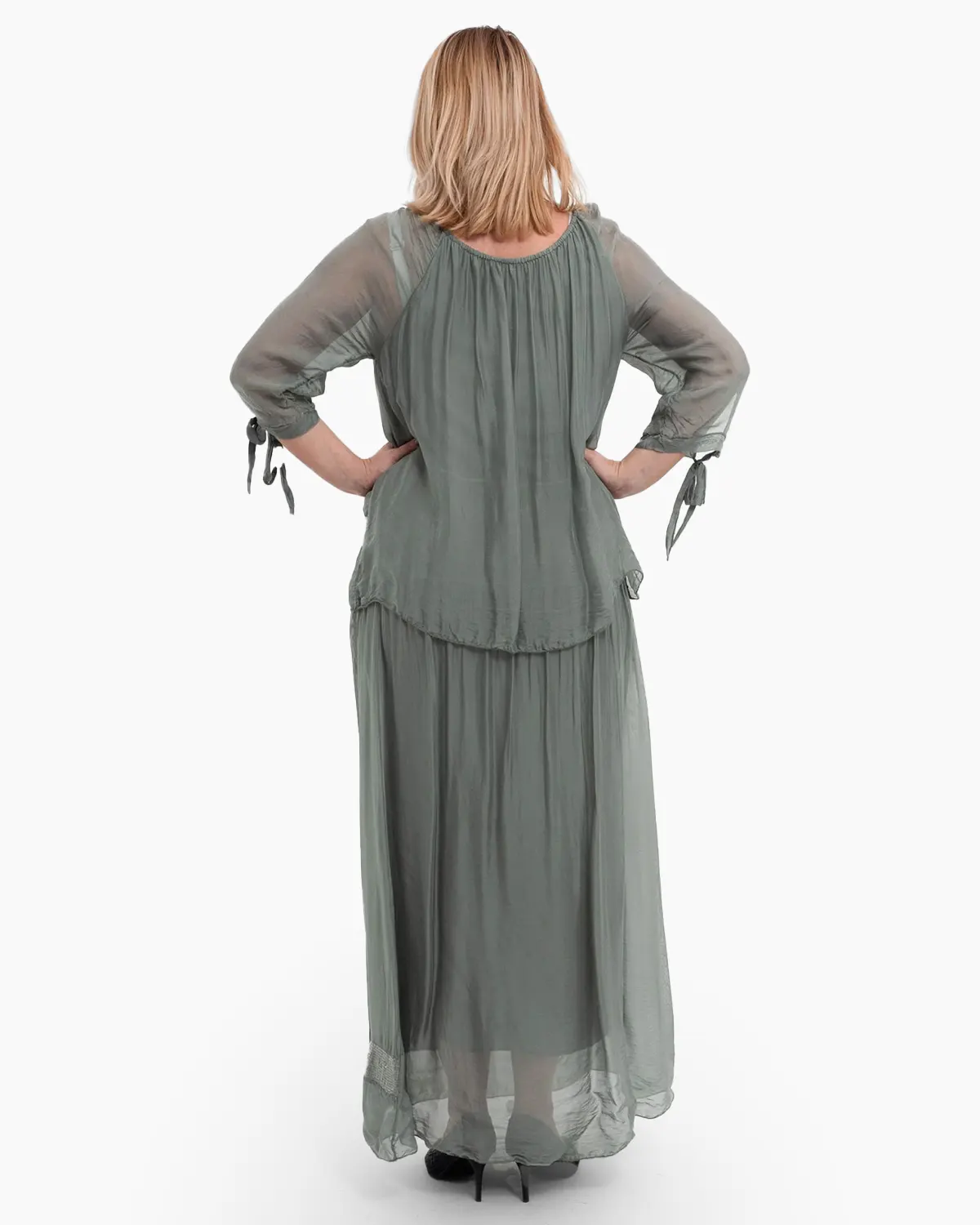 Rochie matase kaki cu un overlay elegant [3]