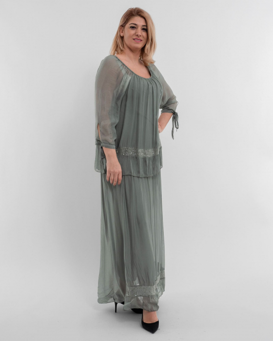 Rochie matase kaki din tesatura vaporosa si paiete discrete [3]