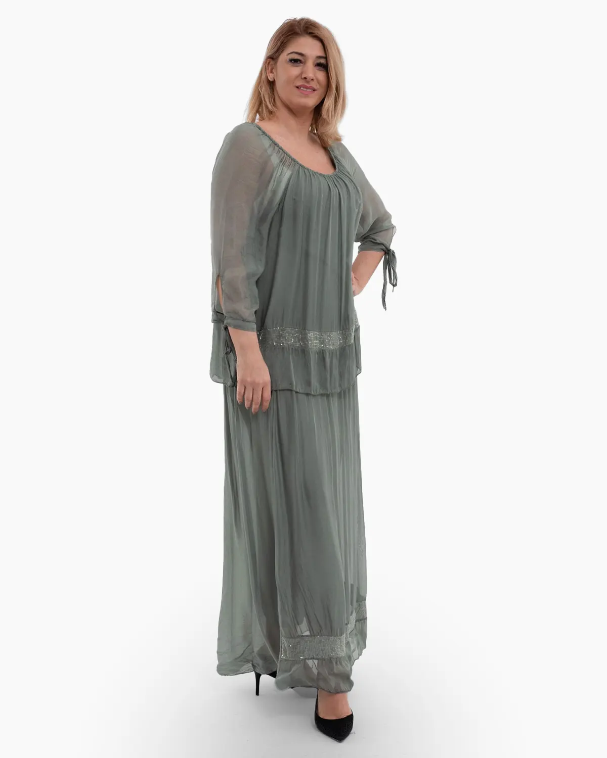 Rochie matase kaki din tesatura vaporosa si paiete discrete [3]