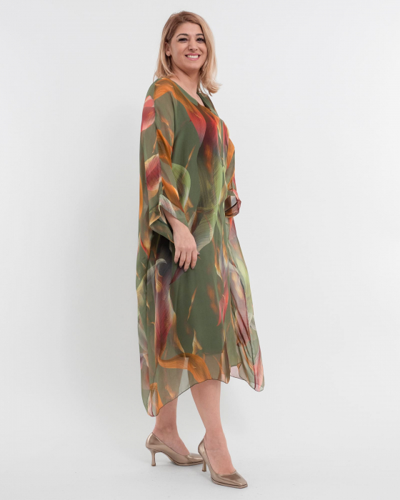 Rochie matase kaki, tip caftan, cu imprimeu abstract orange [3]