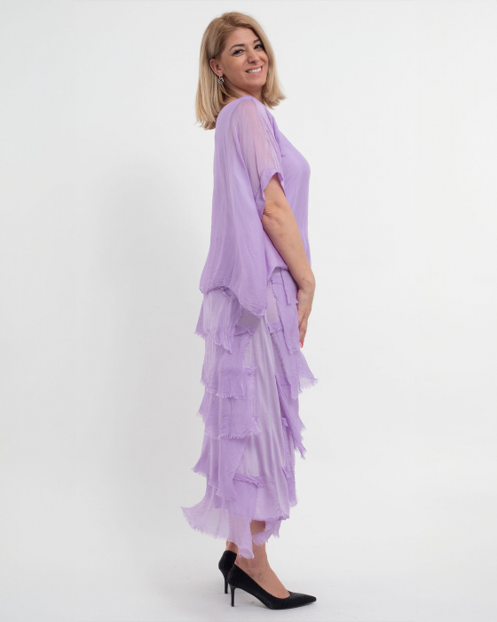Rochie matase lila cu volane si un overlay elegant [3]