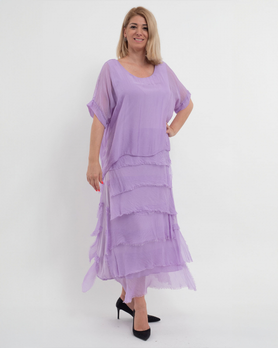 Rochie matase lila cu volane si un overlay elegant [4]