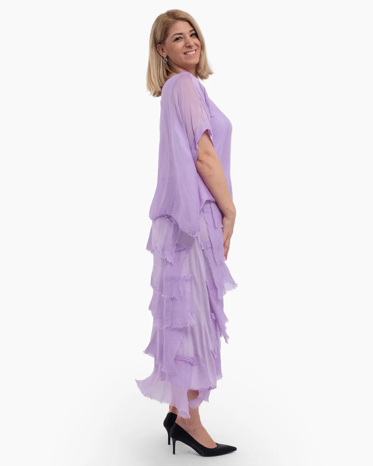 Rochie matase lila cu volane si un overlay elegant [3]