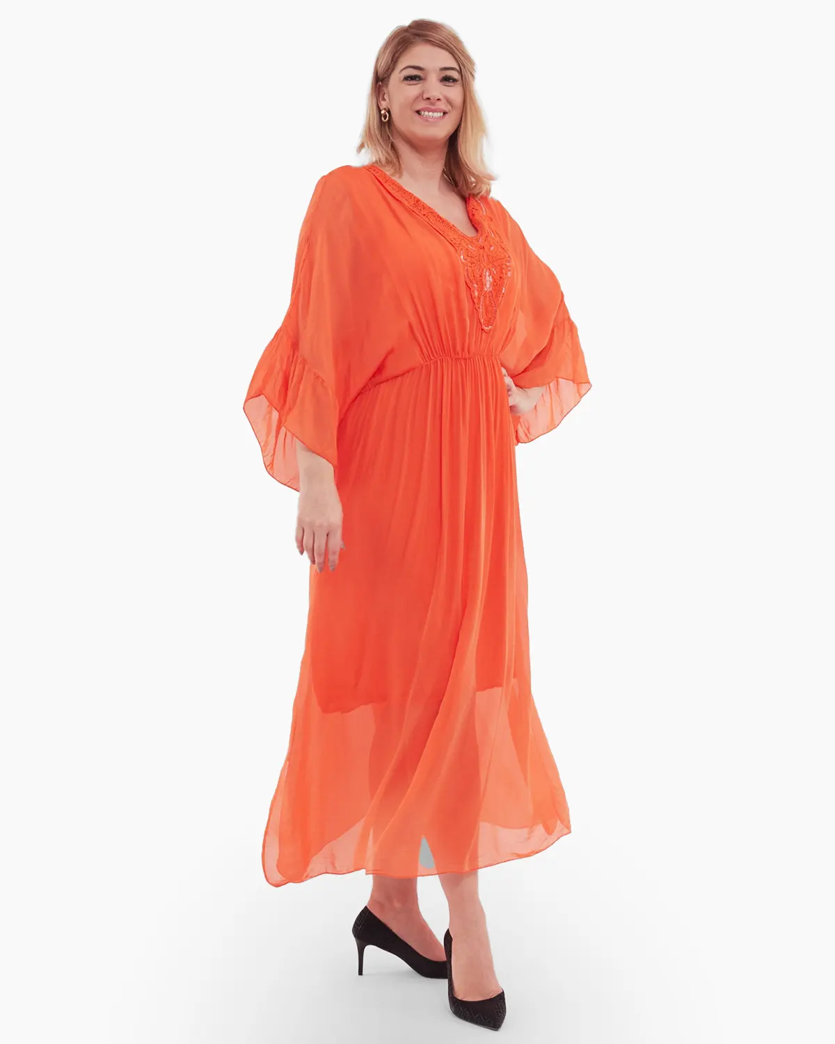 Rochie matase, portocaliu vibrant, accesorizata cu detalii brodate si paiete [3]