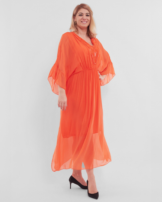 Rochie matase, portocaliu vibrant, accesorizata cu detalii brodate si paiete [3]
