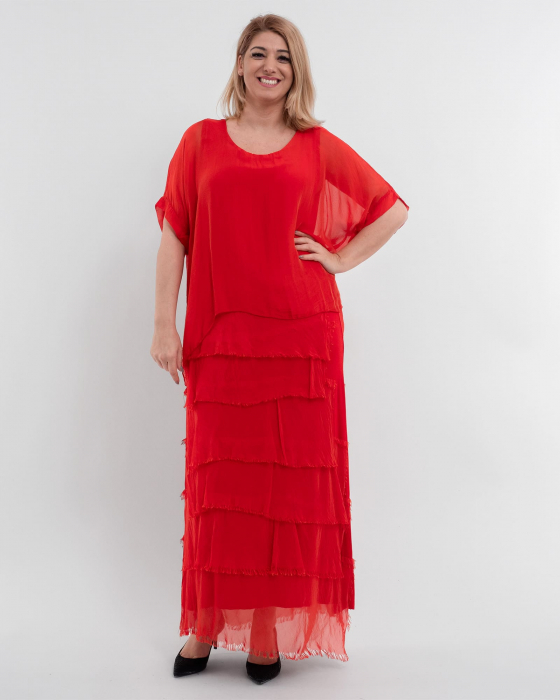 Rochie matase rosie cu volane si un overlay elegant [1]