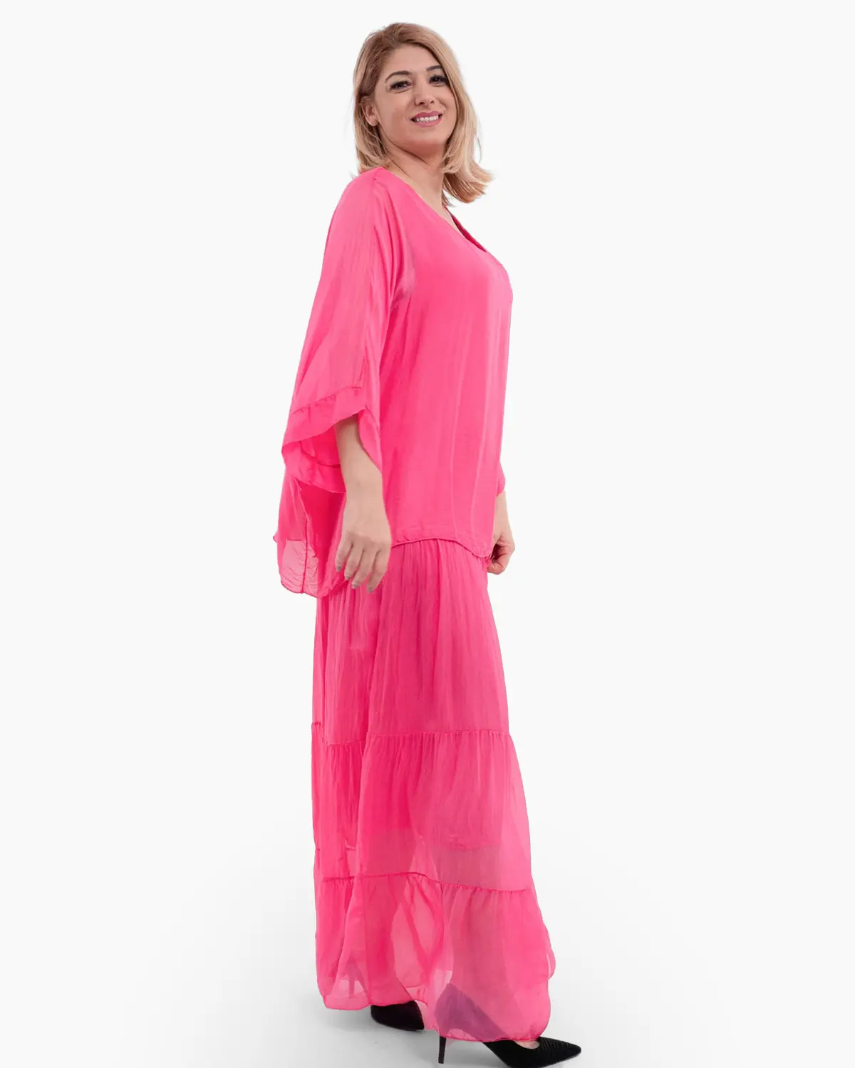 Rochie matase roz cu un overlay elegant [3]