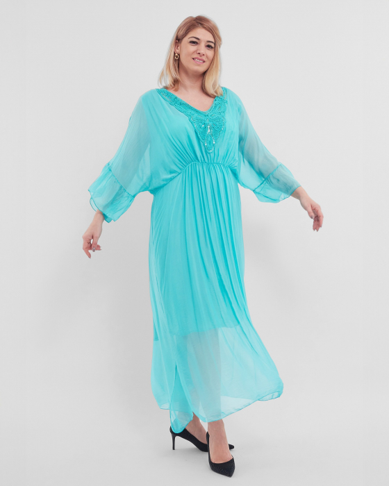 Rochie matase, turcoaz deschis, accesorizata cu detalii brodate si paiete [3]