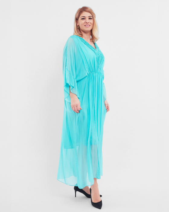 Rochie matase, turcoaz deschis, accesorizata cu detalii brodate si paiete [2]