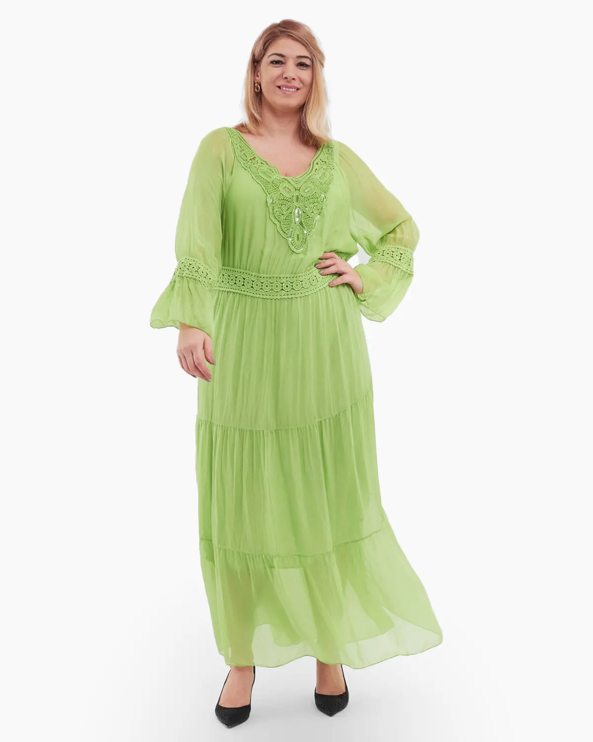 Rochie matase, verde crud, accesorizata cu detalii brodate si paiete [2]